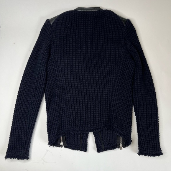 IRO Ceylona Navy Blue Waffle Pattern Knit Black Quilted Leather Edgy Zip Blazer - Picture 4 of 15